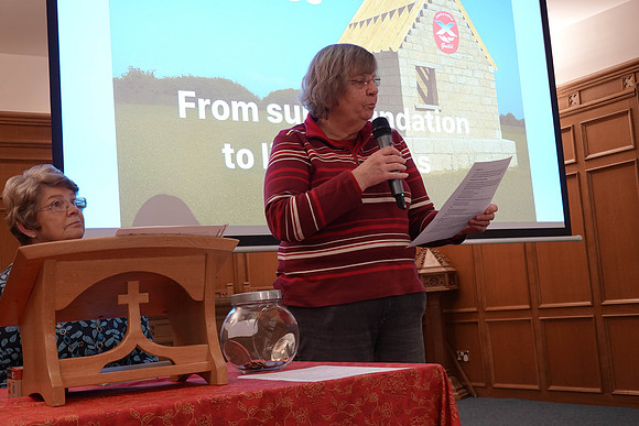 Ann reading out the notices at the Guild