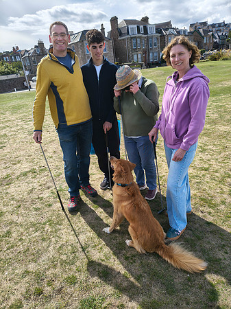 Keith, Harris, Ann and Fiona and Hector on putting green, North Berwick