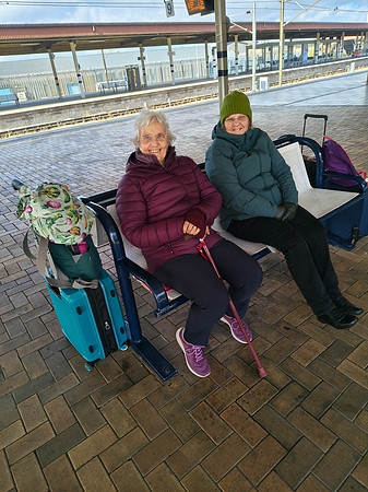 Denise and Ann at York Station waiting for train to Berwick Upon Tweed