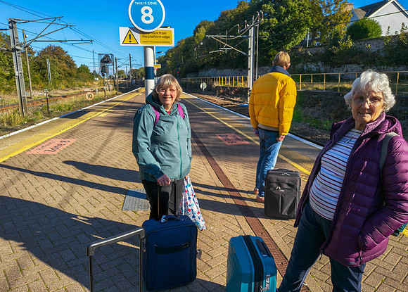 Ann and Denise waiting for train to York at Berwick Upon Tweed
