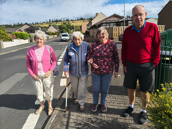 Helen, Nan, Ann and David walking to pub in Denholm
