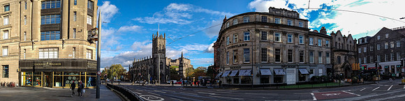 Junction Shandwick Place and Princes Street, Edinburgh (St John's Church in middle)